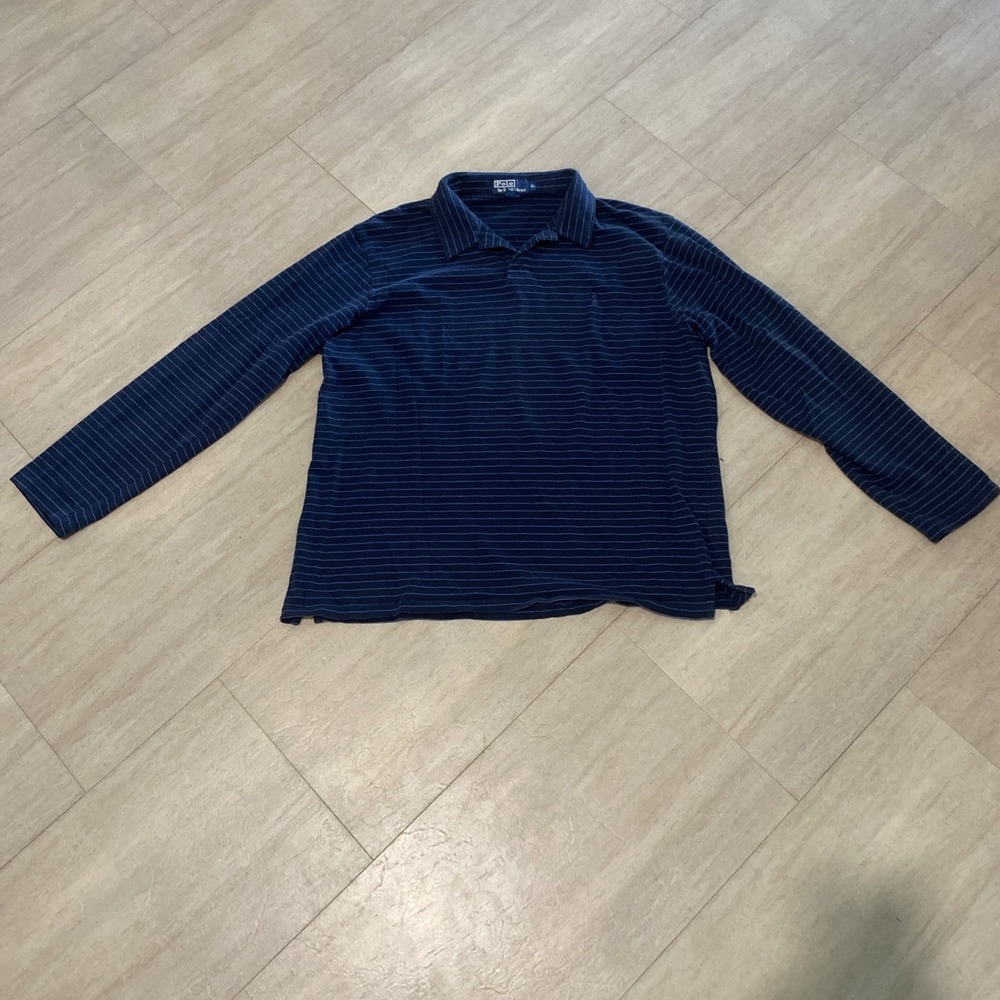 Polo Ralph Lauren Men's Long Sleeve Navy Blue Striped Rugby Polo, Size XL